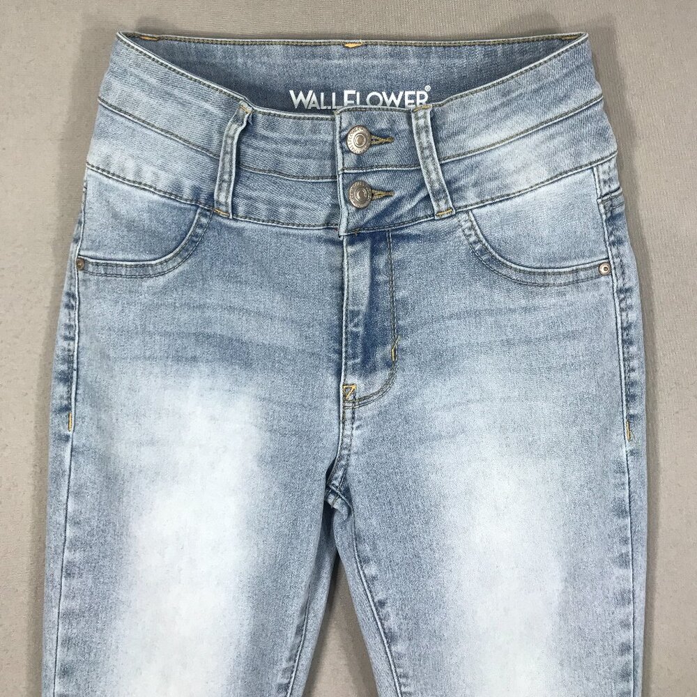 Wallflower Jeans Junior's 3 Blue Sassy Denim High Rise Skinny Button Faux Pocket